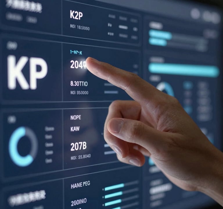 Close-up of a hand interacting with a high-tech data interface showing KPI metrics, emphasizing a data-driven approach, in navy (#1A2C3E) and white.