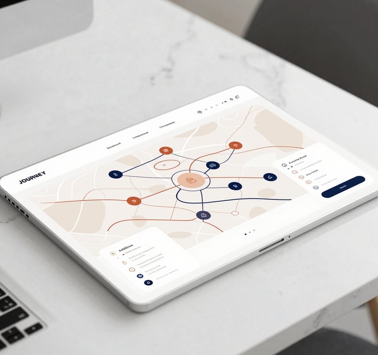 A clean, minimalist journey map layout on a white marble desk, featuring subtle terracotta (#A86D4E) and navy (#1A2C3E) lines and icons, professional aesthetic.