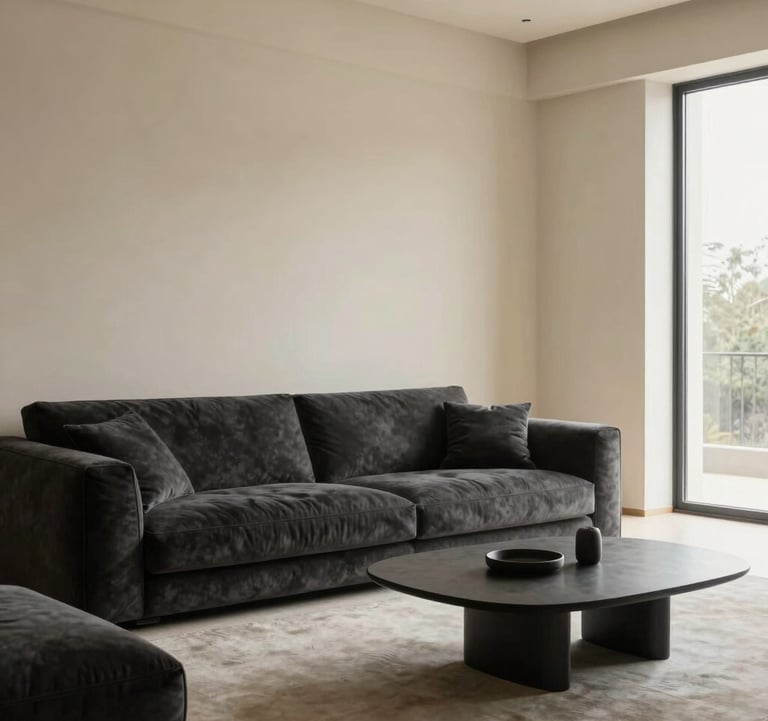 A minimalist and elegant residential living room featuring a plush charcoal sofa, soft cream-colored walls, and a statement designer coffee table. International luxury setting, warm natural lighting from a nearby window, professional high-end photography.
