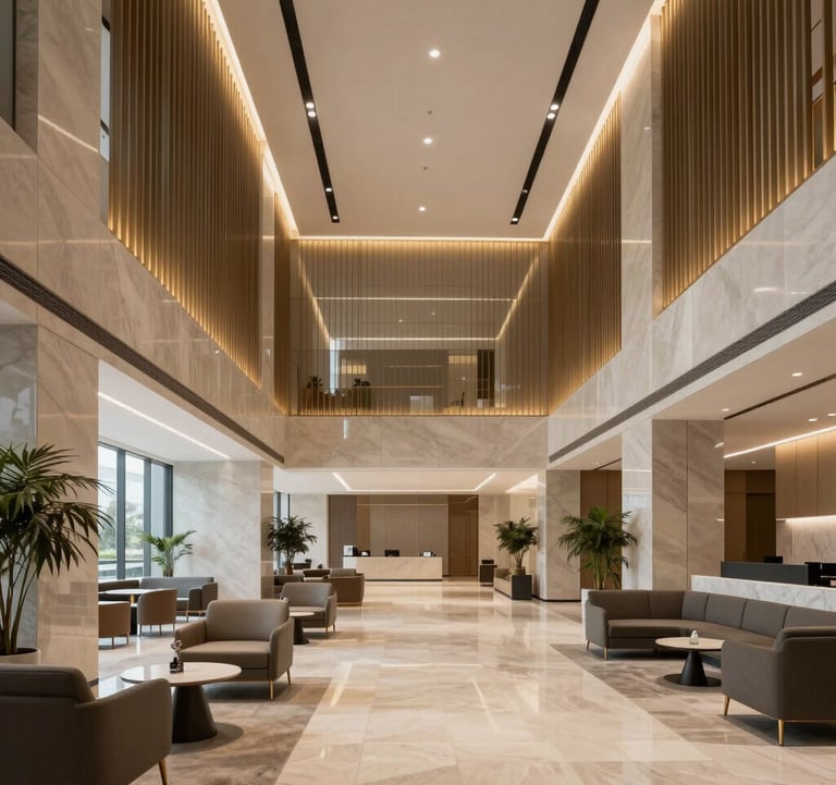 A professional and modern commercial office lobby with high-end architectural lines, soft gold lighting fixtures, and sophisticated seating areas in neutral beige and charcoal. High-end international aesthetic.