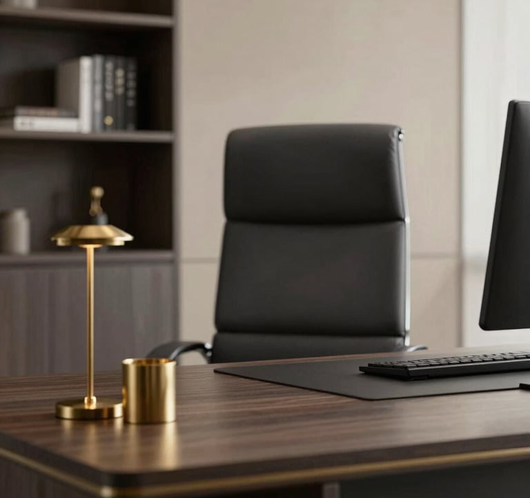 Close-up of a modern, professional office interior with charcoal furniture, soft beige walls, and elegant brass desk accessories. International / High-end workspace design.