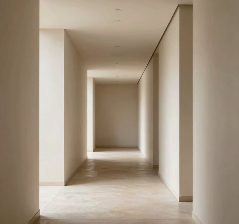 A minimalist corridor in a luxury hotel featuring soft shadows, clean architectural lines, and neutral cream and beige tones. International / High-end hospitality design.