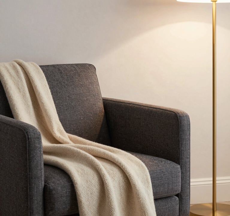A sophisticated reading nook with a charcoal gray armchair, a warm cream-beige cashmere throw, and a soft gold floor lamp in a light-filled corner. International / High-end.