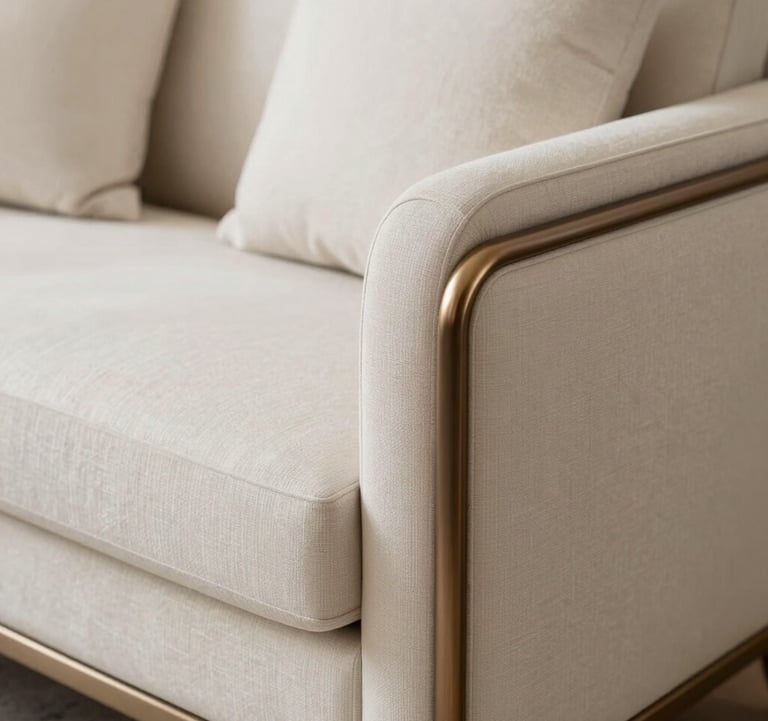 Detailed shot of artisanal custom furniture and high-end decor elements. Handcrafted textures, soft bronze accents, and elegant fabrics in a neutral cream and white palette. Minimalist and luxurious composition.