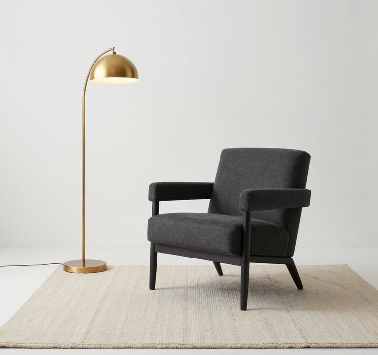 A minimalist living area with a single charcoal armchair, a cream textured rug, and a soft gold floor lamp in a clean white space. International / High-end residential photography.