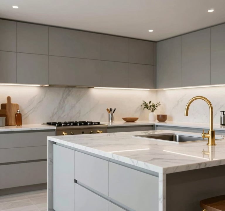 A high-end property staging scene featuring an open-plan kitchen with white marble countertops and soft gold hardware. International / High-end lifestyle imagery.