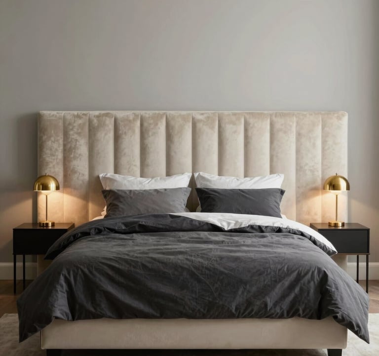 A beautifully staged minimalist bedroom with a large velvet headboard in cream, charcoal bedding, and gold bedside lamps. International / High-end bedroom photography.
