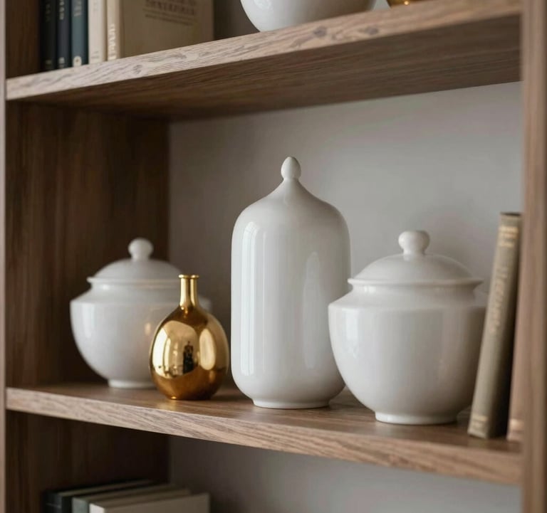 Close-up of an elegant bookshelf styled with minimalist white ceramics and gold decorative objects. International / High-end decor styling.