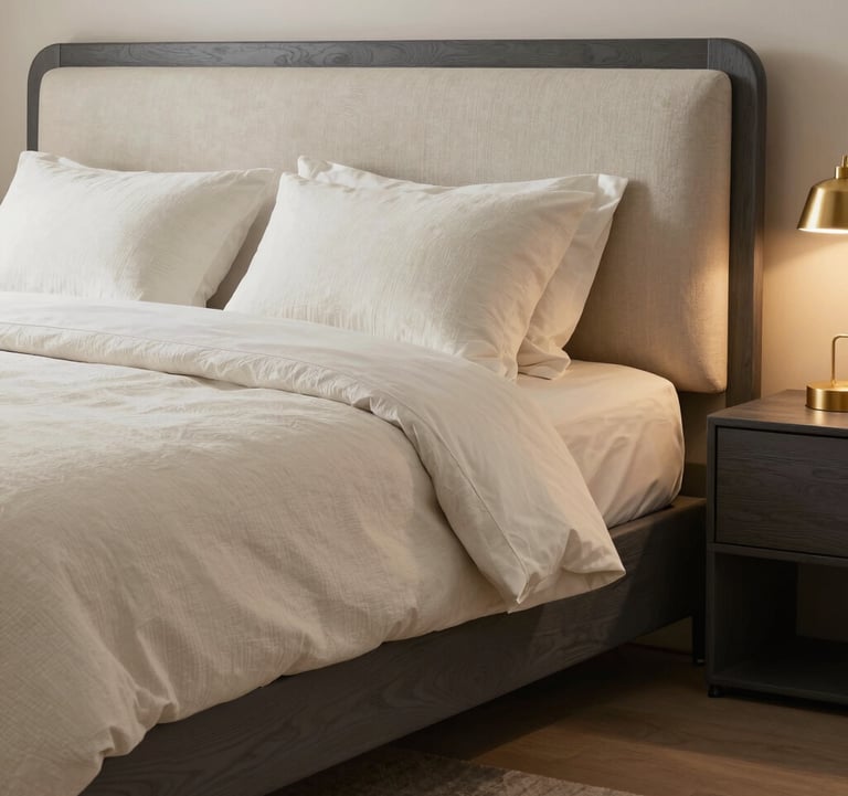 A luxury bedroom suite with layered off-white textures, charcoal gray wood accents, and soft gold bedside lighting, exuding warmth and tranquility. International / High-end.