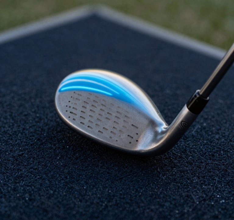 A lifestyle shot of a golf club head resting on a dark navy mat, with the reflection of light blue neon lights on its metallic surface.