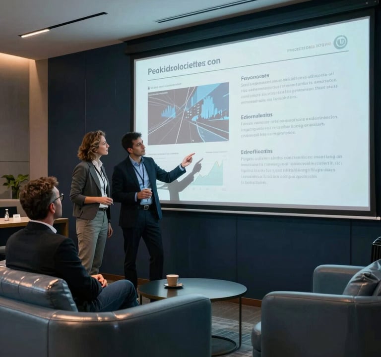 Candid photo of two people discussing performance data on a large screen. They are in a modern lounge with soft steel blue upholstery and dark navy architectural details. The atmosphere is professional yet relaxed.