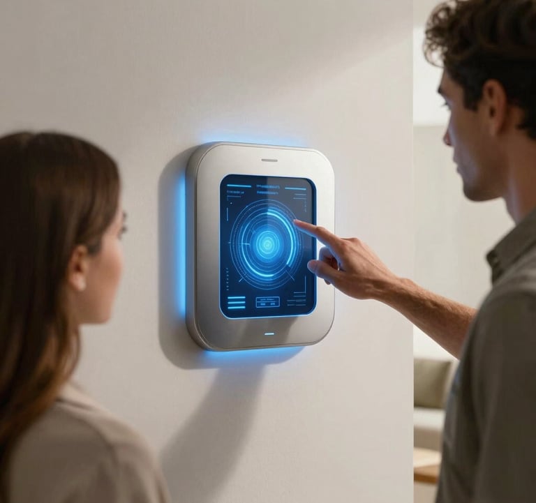 A lifestyle shot of two people interacting with a futuristic, wall-mounted touch panel. The interface is glowing with steel blue light in a modern, off-white room.