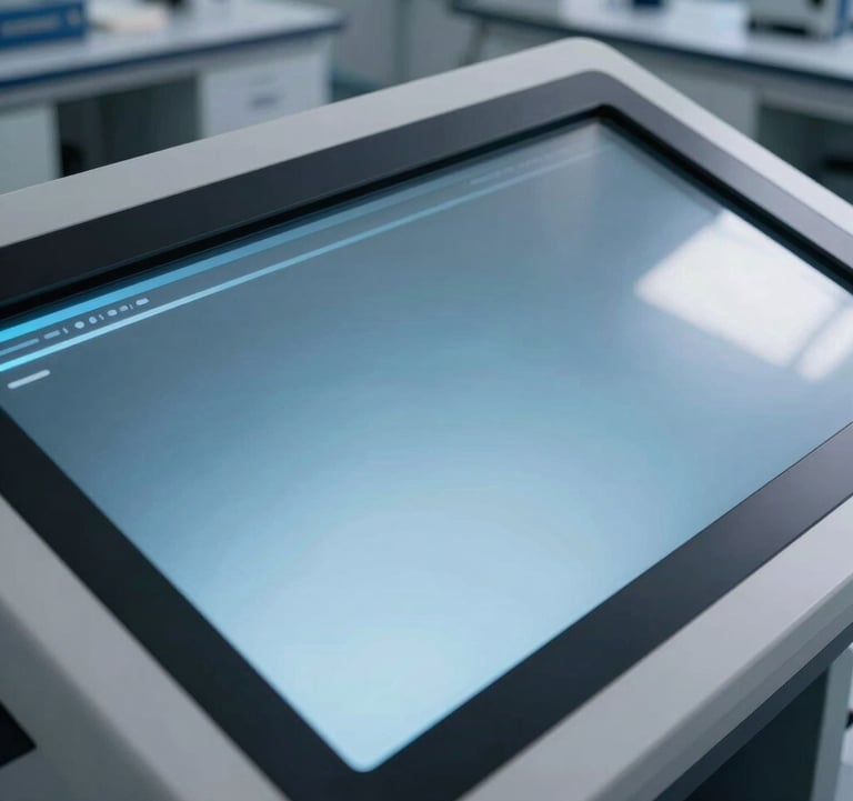 A conceptual photograph of a high-tech interactive touchscreen or console in a modern lab setting. The surface glows with soft sky blue light. Reflections of a clean, minimalist room in deep charcoal blue and mist white are visible on the glass.