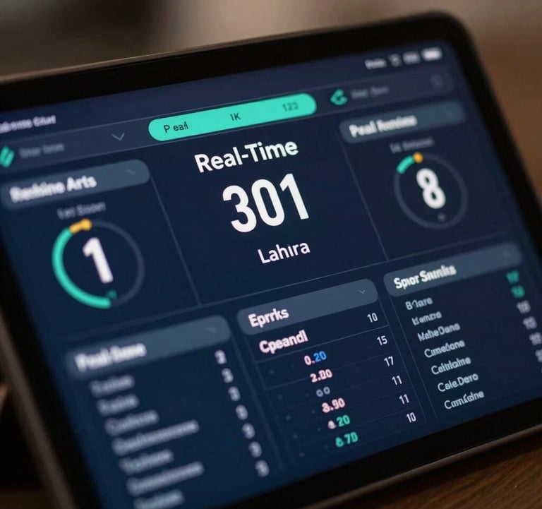 Close-up of a sleek touchscreen interface displaying sports analytics and real-time performance data. The UI features Pearl White text on a Dark Navy Blue background with Muted Teal accents. Soft, cinematic bokeh lighting.