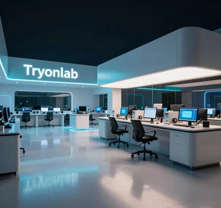 A wide shot of the Tryonlab interior at night. The space is illuminated by cool blue and muted teal LEDs, reflecting off polished off-white floors. It looks like a high-end, futuristic tech hub.