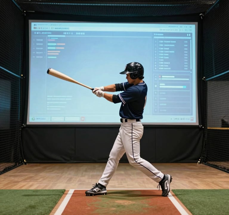 Photography of a modern indoor baseball batting cage. An athlete is captured mid-swing. The background features a large digital tracking screen with soft sky blue data visualizations. The lighting is clean and energetic, emphasizing movement.