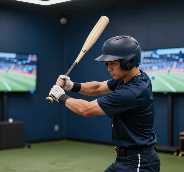 Medium shot of a person swinging a baseball bat in a modern indoor facility. Lighting features Soft Steel Blue highlights. The background shows digital sensors and a Dark Navy Blue wall, emphasizing a tech-driven sports environment.