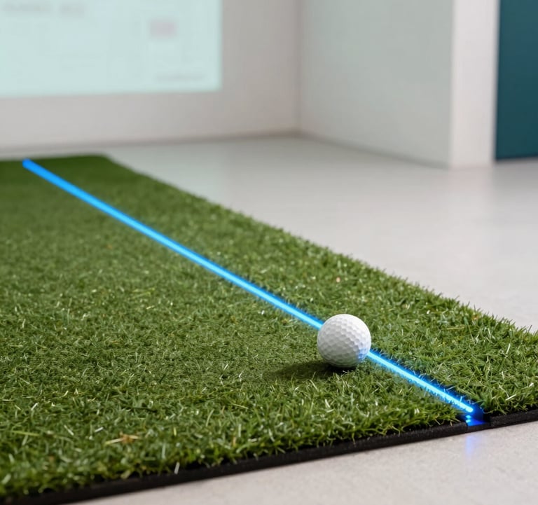Action shot of a golf ball on a premium synthetic turf mat inside a high-end simulator. A Soft Steel Blue laser tracking line is visible. The environment is clean and modern, using the Pearl White and Muted Teal color palette.