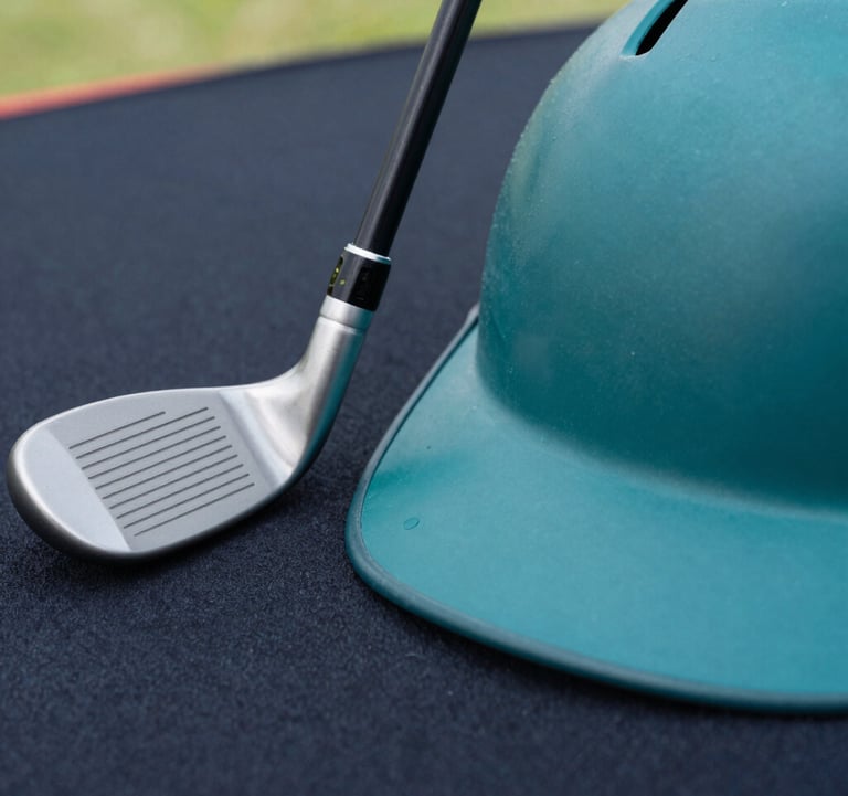 Close-up of high-tech sports equipment including a sleek white golf club and a matte teal baseball helmet resting on a dark navy surface. Soft natural light highlights the premium textures.