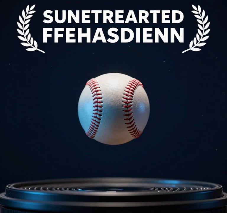 A high-speed photography shot of a baseball mid-air inside a facility, lit by a soft light blue glow against a dark navy background.