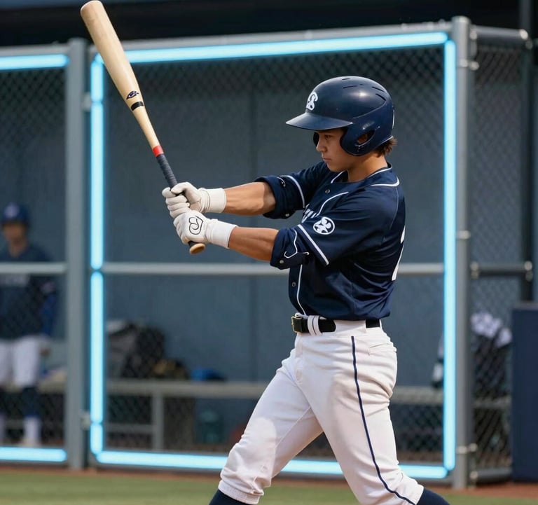 An action shot of a person in athletic gear swinging a baseball bat. The motion is captured with crisp lighting in a modern cage with light blue neon accents.