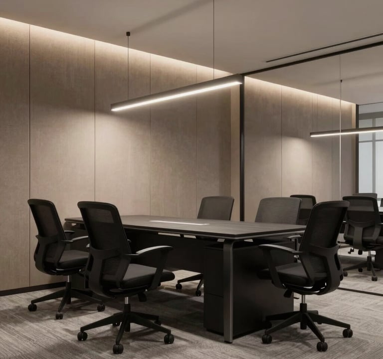 A luxury commercial office space in Bhopal, featuring matte black ergonomic furniture, taupe acoustic wall panels, and minimalist lighting. The design is clean, professional, and sophisticated.