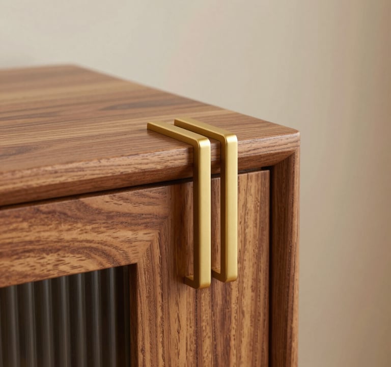 Close-up photography of bespoke, custom-made furniture in a South Asian / Indian home. A hand-finished wood surface meets matte gold hardware. The lighting emphasizes texture and fine detail. Background is a soft, out-of-focus ivory wall, conveying luxury in every corner.