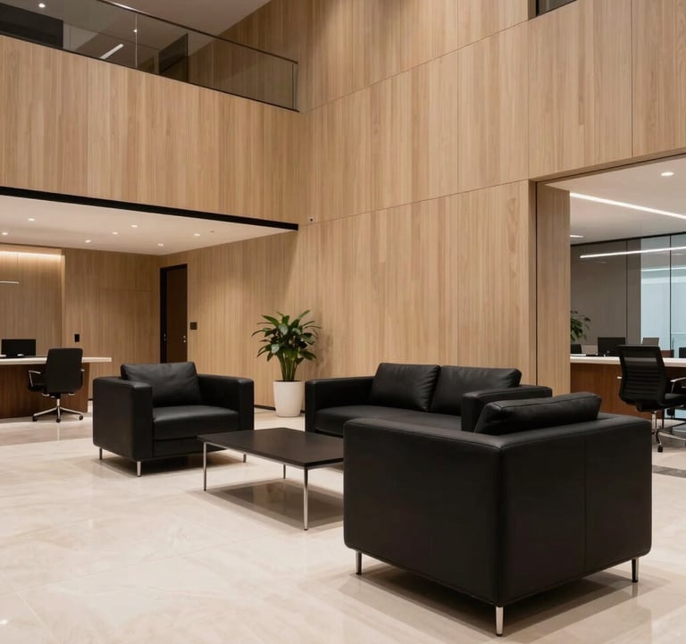 A photography shot of a sleek, modern commercial office lobby designed with warm beige wood paneling and matte black furniture. The space feels expensive and aspirational, reflecting high-end craftsmanship.
