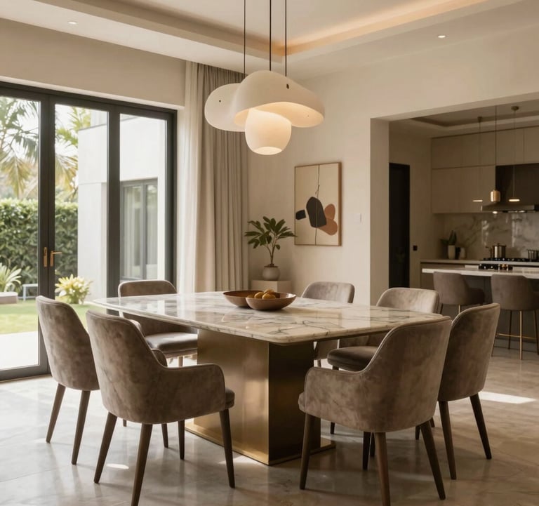 An elegant South Asian / Indian villa dining area. A large marble table is surrounded by minimalist velvet chairs in taupe. A sculptural lighting fixture hangs from above. The room is filled with soft natural light, highlighting a warm beige interior that feels expensive and intentional.