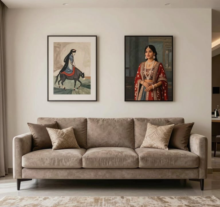 An interior shot of a sophisticated residential living room in Bhopal, featuring a custom taupe sofa, minimalist ivory walls, and curated South Asian art. The composition is clean and balanced, emphasizing luxury in every corner.