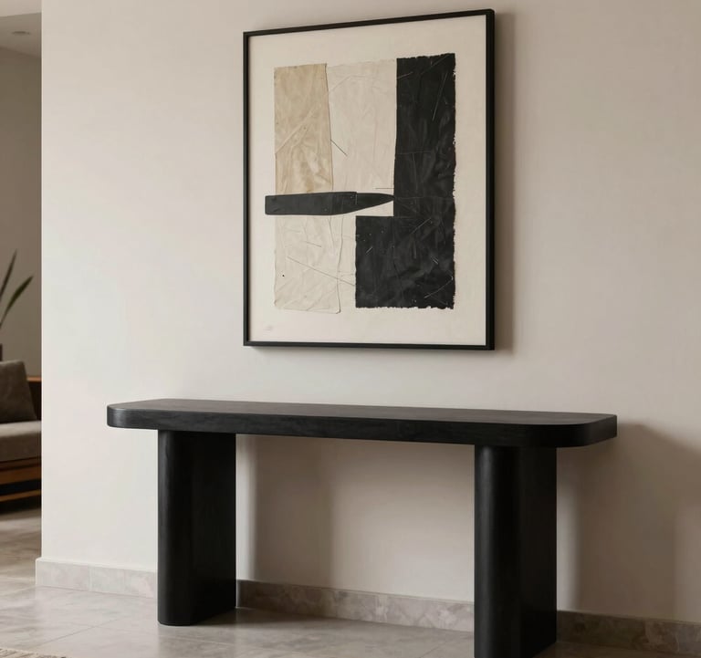 A stylish foyer in a luxury apartment in Bhopal, showcasing a minimalist matte black console table and a piece of contemporary art against an ivory wall.