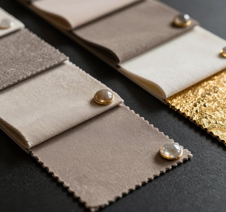 A close-up photography shot of high-end material swatches in taupe, ivory, and gold, arranged elegantly on a dark matte black surface. Soft morning light creates gentle shadows, highlighting the textures of premium fabrics and stones.
