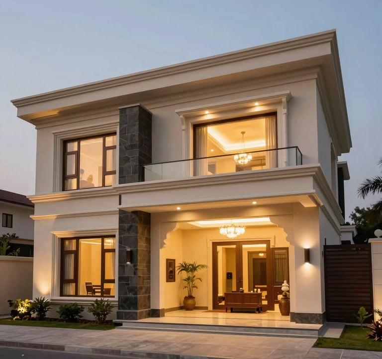An exterior view of a modern luxury villa in Bhopal at dusk, with warm lights glowing from within against the ivory architectural lines and dark stone accents.