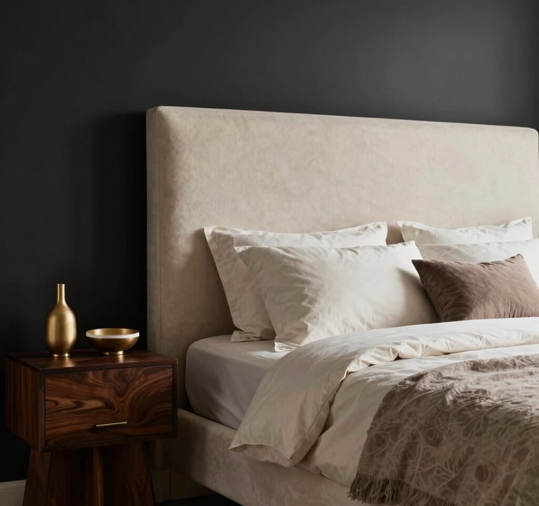 Luxury bedroom interior designed with ivory and taupe textiles. A large upholstered headboard against a matte black feature wall, soft warm lighting, and minimalist South Asian / Indian decorative elements on a dark wood side table.