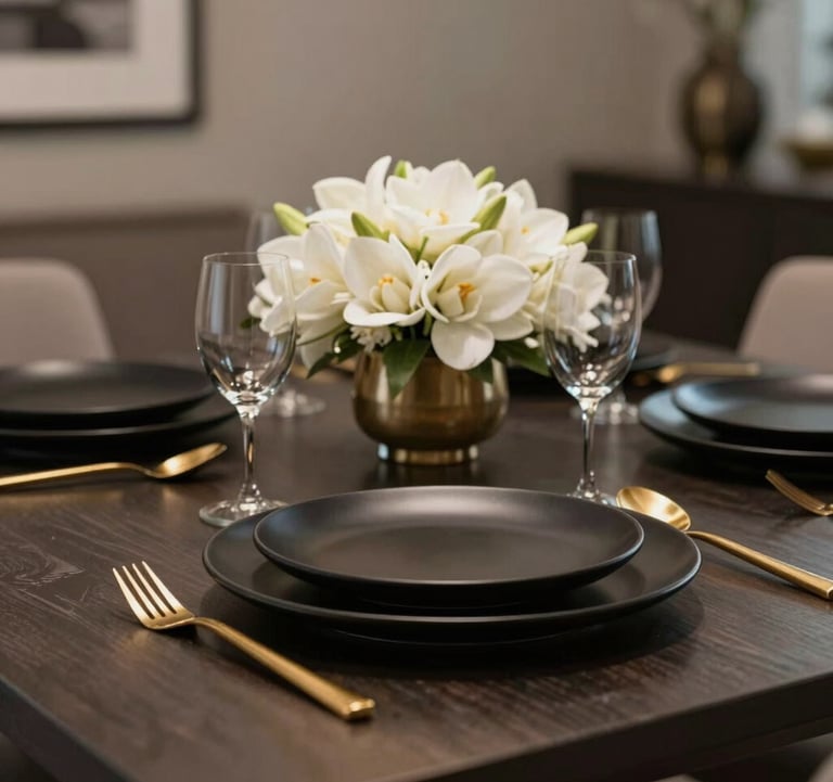 A close-up shot of a luxury dining table setup. It features matte black ceramic plates, gold cutlery, and a centerpiece of exotic white flowers. The background is a softly blurred modern Indian dining room with taupe walls.