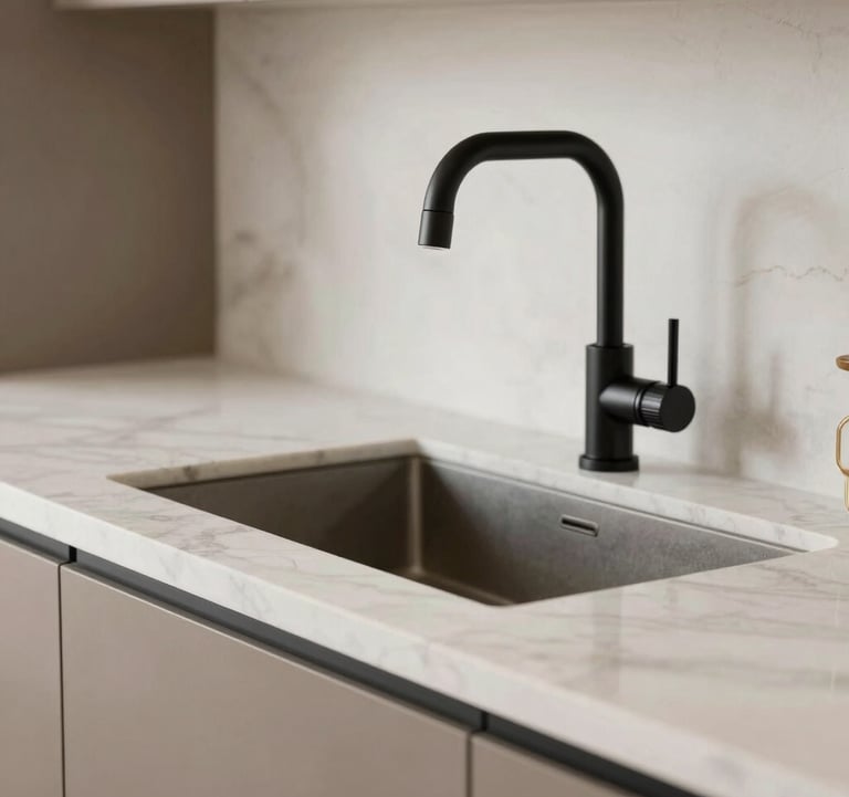 Close-up of a high-end kitchen detail in a South Asian home, showing ivory marble countertops, taupe cabinetry, and sophisticated matte black fixtures.