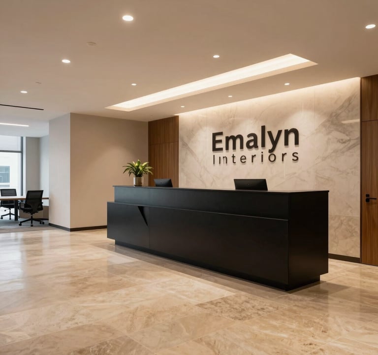 A wide shot of a premium commercial office lobby designed by Emalyn Interiors. Features include a matte black reception desk, warm beige stone flooring, and architectural lighting, shot in a professional South Asian / Indian business district.