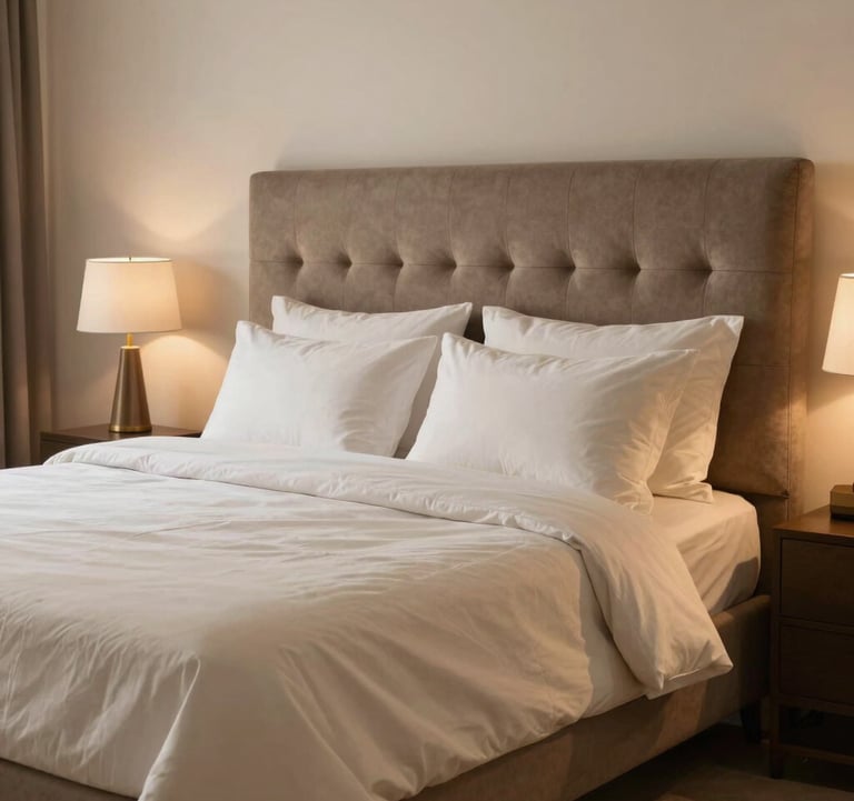 An elegant residential master bedroom in Bhopal, featuring a taupe upholstered headboard, ivory linens, and warm, soft lighting that creates a feeling of luxury and calm.