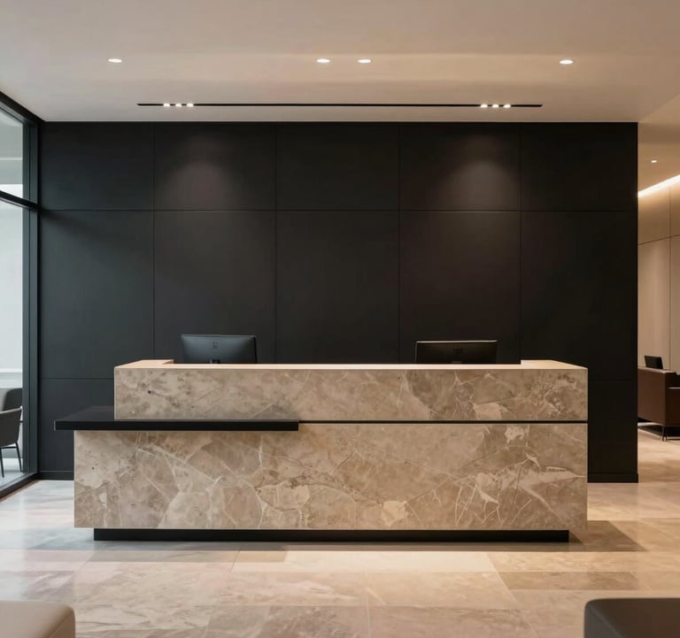 A high-end South Asian / Indian commercial office reception area. Matte black paneling contrasts with warm taupe stone accents. Minimalist furniture and a large, clean-lined reception desk define the space. The lighting is focused and professional, highlighting premium craftsmanship and detail.