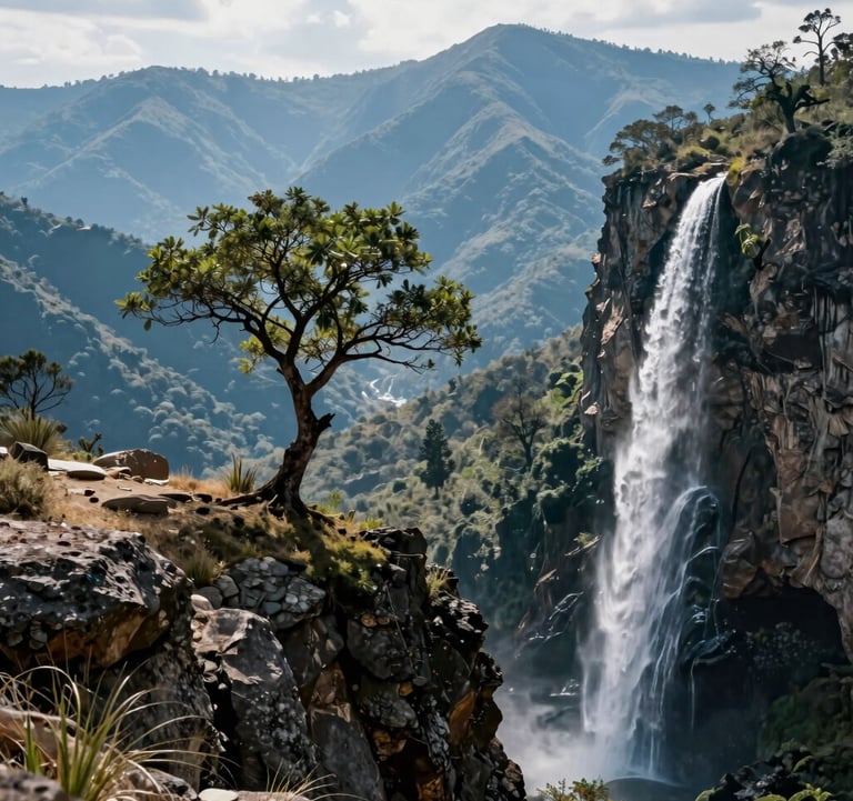 A serene shot of a single tree growing on the cliffside near the petrified falls of Hierve el Agua, framed by the soft blue mountains of Oaxaca, Mexico.
