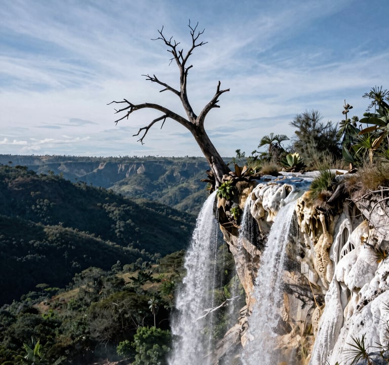 A dramatic shot of the famous solitary dead tree at the edge of a cliff in Hierve el Agua, Oaxaca. The white mineral formations of the petrified waterfall drop off into a lush Mexican valley under a soft blue sky.