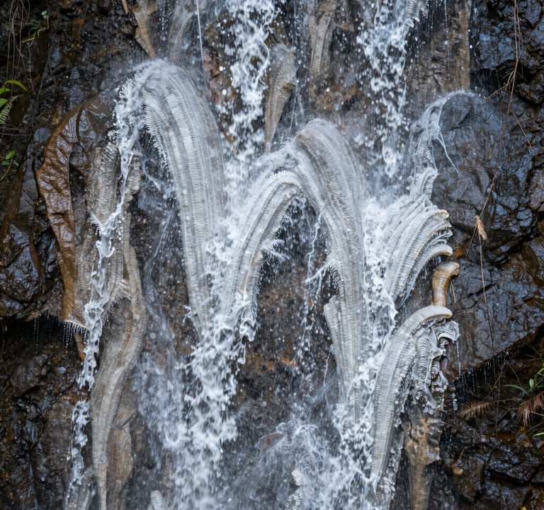 A detailed shot of the intricate textures of the petrified waterfall, showing the layered white mineral formations that resemble frozen liquid. The style is professional nature photography with a focus on natural patterns.