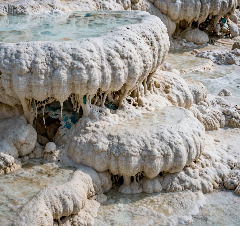A detailed photograph focusing on the intricate textures of the calcified stone at Hierve el Agua. The off-white mineral deposits form small ridges and valleys, with deep teal shadows emphasizing the age of the formation.