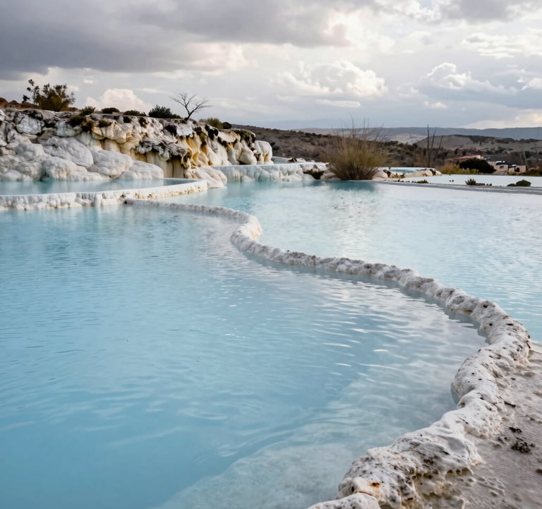 A tranquil scene of the natural mineral pools at Hierve el Agua. Soft blue water ripples gently against the calcified rock formations under a soft, overcast sky in Oaxaca, Mexico.