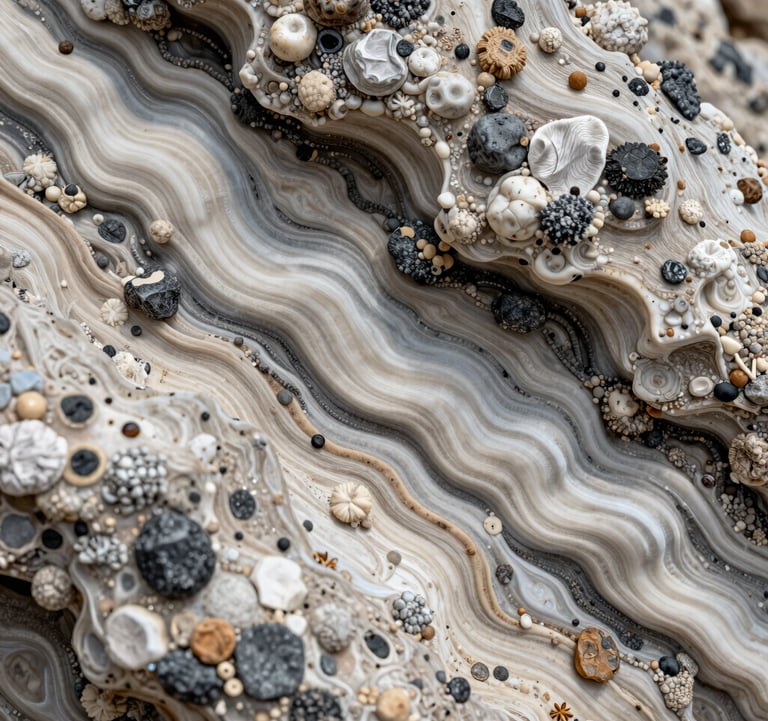 A close-up of the intricate patterns in the petrified wood and mineral deposits at Hierve el Agua. The textures are sharp, showing layers of off-white and charcoal minerals.