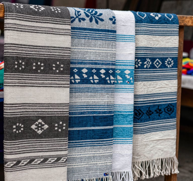 Close-up photography of an artisan market in Oaxaca, Mexico. Traditional textiles with charcoal and soft blue patterns are draped over wooden stalls under natural, diffused lighting.