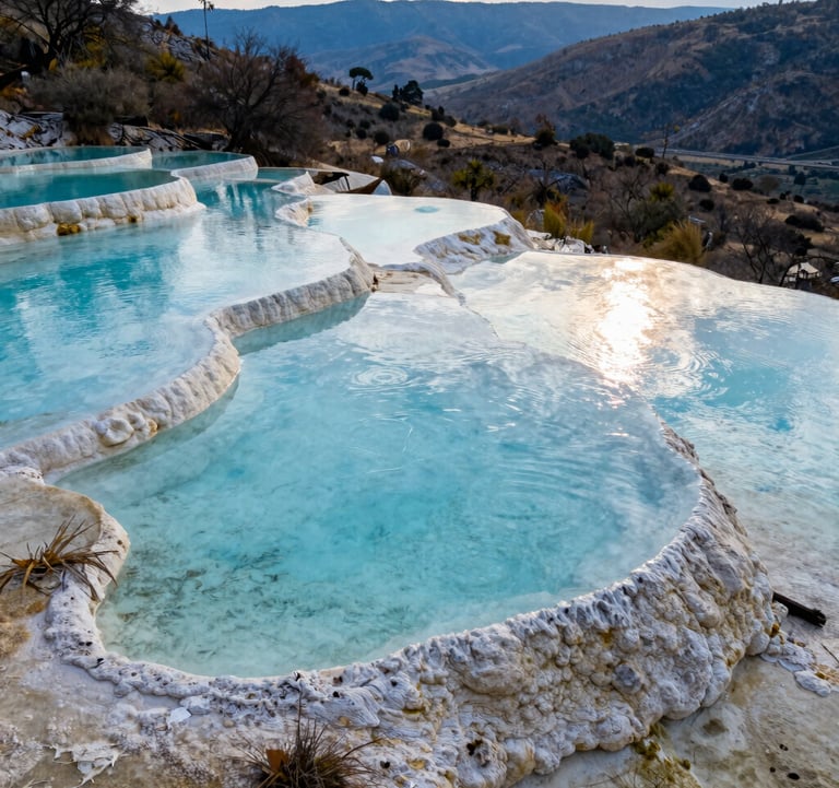 A high-angle shot of the turquoise mineral pools perched on the edge of the cliff at Hierve el Agua, Oaxaca, Mexico. The water is a crystal clear light blue, reflecting the afternoon sun. The surrounding Mexican landscape of dry vegetation and distant blue mountains creates a contemplative atmosphere.