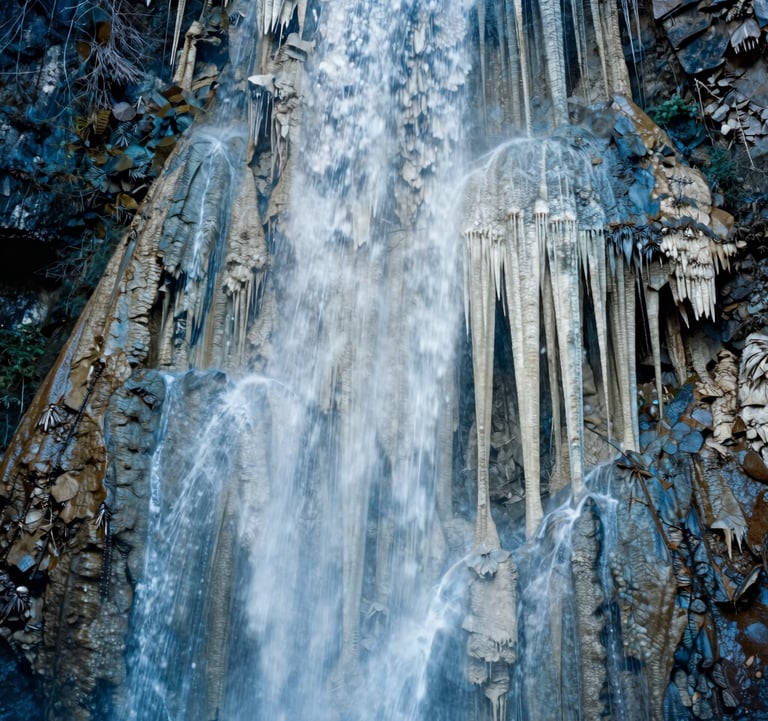 Photography of the petrified waterfall's vertical face at Hierve el Agua. The mineral columns create a dramatic, stalactite-like texture in shades of off-white and soft blue against the mountain shadow.