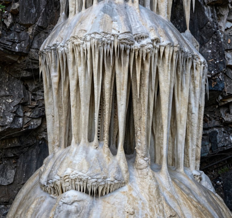 A close-up photograph capturing the intricate, stalactite-like mineral deposits of the Hierve el Agua petrified waterfalls in Oaxaca. The textures are ivory and off-white against a dark charcoal stone background, with soft natural light highlighting the ancient limestone ripples.