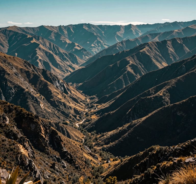 A wide landscape shot of the mountain ranges surrounding Hierve el Agua. The scene is bathed in a deep teal and golden light, showcasing the high-altitude Mexican terrain and the serene atmosphere of the San Lorenzo Albarradas region.